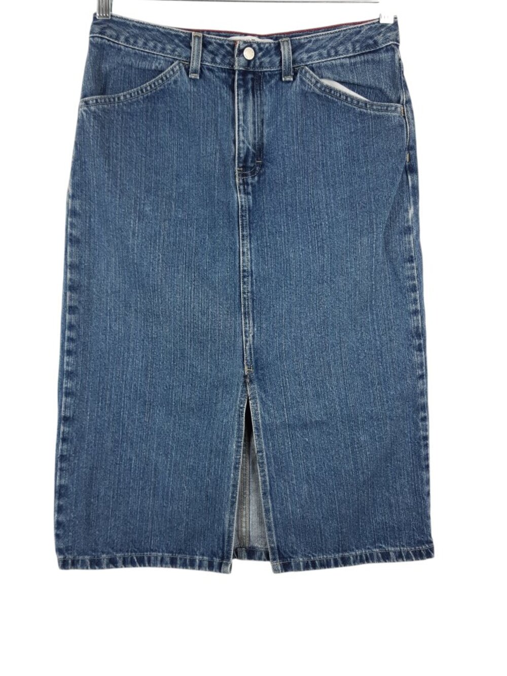 Tommy Hilfiger Vintage Denim Midi Denim Jean Skirt Light Wash Front Slit Size 8
